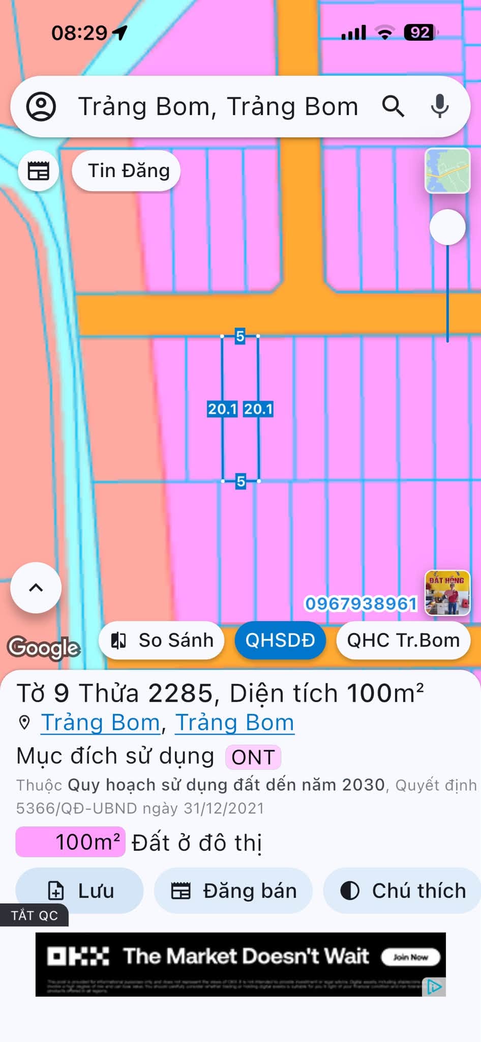 Đất đường Lý Nam Đế 100 m², tờ 9 thửa 2285 tại Đường Lý Nam Đế, phường Trảng Bom, Đồng Nai